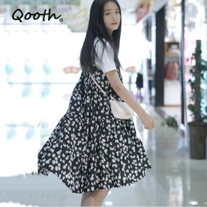 Qooth femmes coréen japon Style mode robe en mousseline de soie Kawaii Spaghetti sangle robes marguerite imprimé mi-mollet tenue décontractée QT014 210518