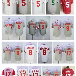 qqq8 Air01 Jersey retro Johnny Bench Jersey Joe Morgan Chris Sabo Malla Blanco Cáñamo Gris Rojo Base flexible Cosido Béisbol vintage