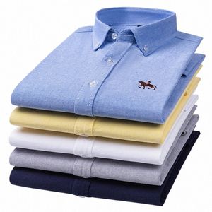 Qualité 100% Cott Oxford Shirt Hommes Lg Manches Brodé Cheval Casual Sans Poche Solide Jaune Dr Chemises Hommes 5XL 6XL L1lW #