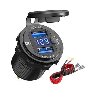 Quick Charger Aluminum QC3.0 Dual USB Car Charger with Switch Button LED Voltage Display for 12V/24V Cars Boats Motorcycle