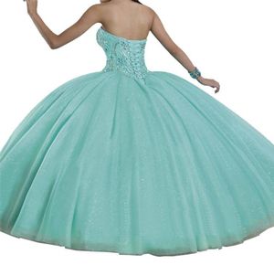 Quinceanera robes sexy deep v collier clair vert multicouche net lourd artisan clignotant jupe brillante coeur en forme de collier 9681095