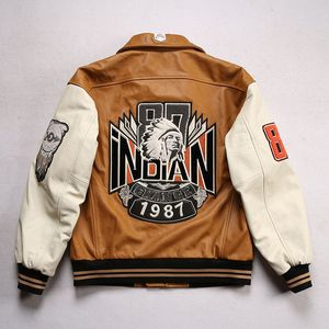 R INDIAN 1987 embroidery cowhide leather jacket Yellow and white color matching avirex