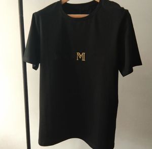 T-shirt à manches courtes et col rond pour femmes, nouveau Design de luxe, épaule avec boucle dorée, estampage à chaud, lettres dorées, noir et blanc