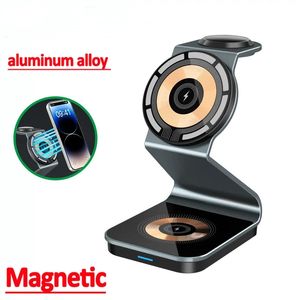15W 3 en 1 Cargador inalámbrico magnético Soporte Pad Aleación de aluminio para iPone 14 13 12 Pro Max Mini Airpods Apple Watch Estación de carga rápida con caja