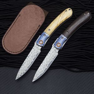 R7802 Damasco Pocket Folder Knife VG10 Damascus Steel Blade livewood / Ebony con Steels Head Handle EDC Cuchillos plegables con funda de cuero