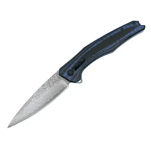 R8328 Couteau pliant de poche Flipper 76 couches VG10 Lame en acier damas Bleu G10 Poignée Camping en plein air Randonnée Pêche EDC Couteaux de dossier