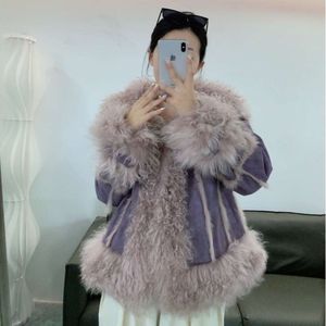 Abrigo extragrande de mujer de longitud media con cuello grande de lana integrado de piel nueva Haining de conejo Angora 5980