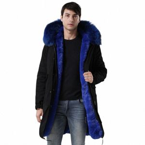Racco Fur Trim Parka Lg Hommes Manteau De Fourrure Chaud Et Fi Outwear Bleu Fausse Fourrure Doublée Veste T7NR #