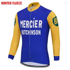 Chaquetas de carreras Jersey térmico de manga larga para hombre, camisa Retro Azul/amarilla, ropa de ciclismo, forro polar de invierno, ropa de bicicleta fina