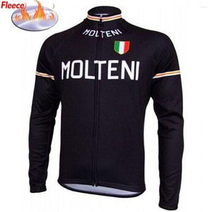 Vestes de course MOLTENI Classic Black Winter Fleece Cycling Jersey Retro Bike Clothing Road/VTT Bicycle Wear Shirts Long Sleeve Thin FULL ZIP