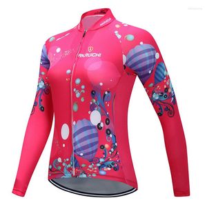 Chaquetas de carreras Mujer Jersey de ciclismo de manga completa Rosa brillante Estampado floral rojo Transpirable Jerseys de equitación de secado rápido Personalizados / Al por mayor
