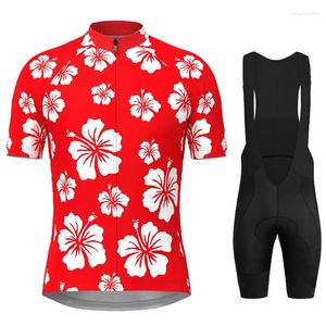 Ensembles de course Maillot de cyclisme à fleurs rouges pour hommes Été Respirant Sport d'équipe Vêtements de vélo Vélo court