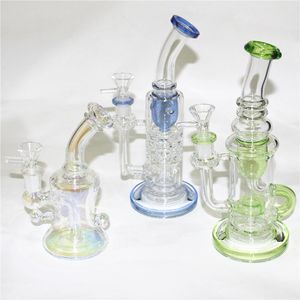 Rainbow Blue Green Couleurs Narguilés 14mm Verre Bong Heady Mini Dab Rigs Petit Pommeau De Douche Perc Recycler Bubbler Oil Rig avec bol attrape-cendres mâle