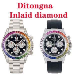 Rainbow Diamond Deluxe Watch Business Mens Sports Time Sudáfrica Perforación 904L Acero inoxidable Caucho Hombres Reloj Oro rosa Moda Automático Dive Panda Zafiro