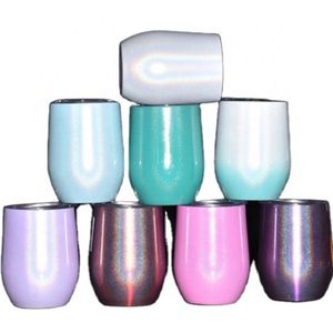 Fedex Sublimation 12oz Rainbow Wine Tumblers Gafas en forma de huevo Glitter Champagne Mugs Acero inoxidable Doble pared Vacío Stemless 12 OZ Flautas con tapa deslizante