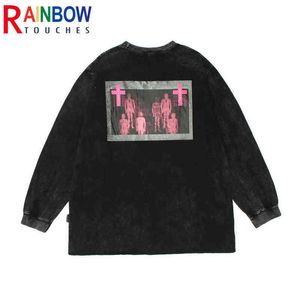 Rainbowtouches Vintage T-shirts Hombre High Street Fashion T-shirt Carácter Cross Print Manga larga Harajuku Washing Oversized Men T220808