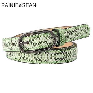 Rainie Sean Cinturones de cuero de serpiente Cintura verde Cinturones finos para mujeres Hebilla de pasador Correa de moda casual femenina barata para jeans 105 cm G220301