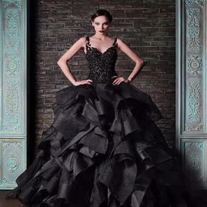 Rami Kadi Noir Robe De Bal Robe De Mariée Bretelles Spaghetti Vintage Dentelle Organza Volants Puffy Gothique Robe De Mariée Formelle De Mariage G213c