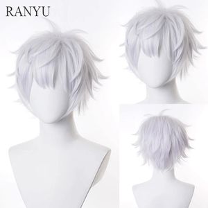 Ranyu White Men Wig Short Straight Synthetic Anime Hair Fibre haute température Fibre pour le cosplay Party 240412