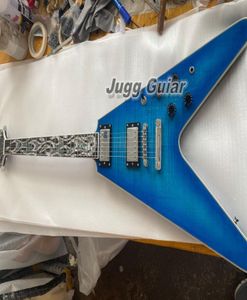 Raro lanzallamas Flying V Ultima Fire Tiger Blue Flame Maple Top Guitarra eléctrica White Pearloid Abalone Flame Inlay 3 pastillas 9133089
