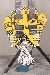 Rare Cheap Trick's Rick Nielsen Oncle Dick Double manche guitare électrique jaune 21 frettes sur chaque manche, matériel chromé, incrustation de perles blanches