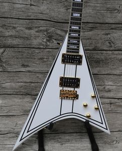 Rare Jack son Exclusive Randy Rhoads RR 1 Black Pinstripe White Flying V Electric Guitar Gold Hardware, Block MOP Inlay, Tremolo Tailpiece