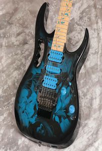 Raro JEM77 BFP Patrón de flores azules Steve Vai 7V Guitarra Eléctrica de la guitarra INLACIÓN Puente Tremolo Tuerca de bloqueo Hardware negro2678165