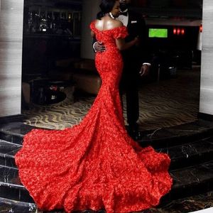 Ravissante robe de bal sirène rouge sexy sud-africaine grande taille robe de soirée de célébrité glamour épaules dénudées dentelle chapelle train robe de soirée