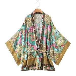 Batas tipo kimono de rayón con estampado Floral de pavo real y manga de murciélago de talla grande para mujer, blusas étnicas bohemias folclóricas 210720