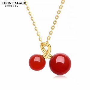 Véritable collier pendentif en agate rouge en or 18 carats de luxe conception de cerise véritable chaîne AU750 pure pour les femmes bijoux fins cadeau d'anniversaire 240125