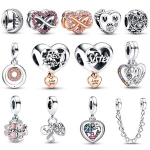 Réel 925 Sterling Silver pan Family Heart Puzzle Piece Hearts Splittable Friendship Dangle Charm Linked Hearts Safety Chain