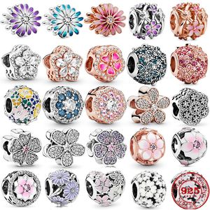 Réel 925 Sterling Silver Purple Pink Daisy Beads Fit Original Charms Pandora Bracelet Perle Fabrication de Bijoux Livraison Gratuite