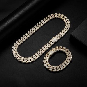 Véritable plaqué or 14 mm chaîne à maillons cubains collier bracelet boucle à ressort modélisation stéréo nouvelle mode hommes hip-hop plein diamant glacé accessoires de bijoux