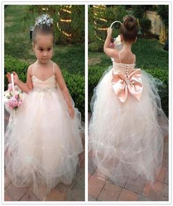 Image réelle Champagne Enfants Girl039s Pageant Robes Gros Arc Perles Bretelles Spaghetti Mode Mariage Petite Princesse Robe De Bal Flo6868754