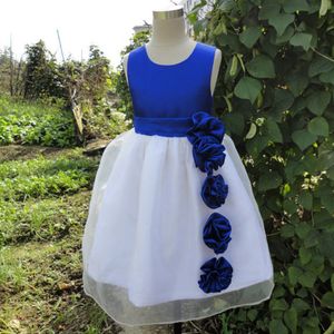 Imagen Real azul real vestidos de niña de las flores una línea joya sin mangas flores hechas a mano faja satén niños vestido para fiesta de boda
