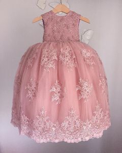 Imágenes reales Vestido de bola de tul Vestidos de niña de flores Blush Pink Sweety Vestidos de desfile Vestido de niñas de cuentas vintage con un gran lazo en la espalda