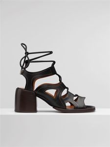 Vraies dames en cuir sandales 2024 Toes Sexy Party Wedding Chunky High Heel Hollow Out Casual Peep-Toe Chaussures Lace Up Up Cross-Tied Mix Black Color Taille 34-44 29406