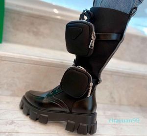 Real Leather Rois longs Boots Black Nylon Pouch de Nylon Combat Half Boot Women Designer Plateforme d'hiver Martin Marties avec boîte 305103609460
