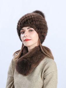 Véritable fourrure de vison chapeau écharpe ensembles femmes hiver bonnet bonnet renard pompon marron noir vin