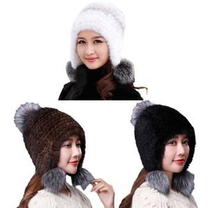 Real Mink Furs pour femmes Bouchon de bonnet chaud d'hiver avec trois balles de fourrure de renard