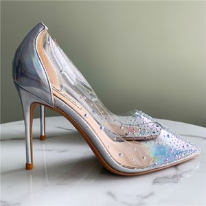 Diseñador casual Foto real Moda Zapatos de mujer charol plateado cristal strass Punta puntiaguda Tacones altos finos sexy Bombas 10 cm 8 cm tacones de aguja tamaño 44