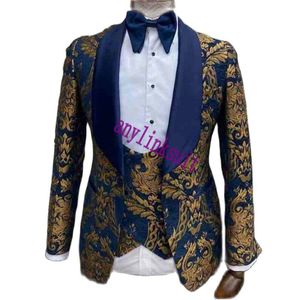 Photo réelle Marine avec tissu de laine Paisley doré Tuxedos de marié châle revers hommes costumes d'affaires vêtements de mariage/bal/dîner (veste + pantalon + gilet + cravate) W 416