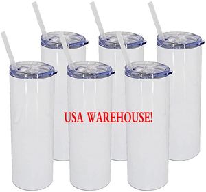 Sublimación de existencias de EE. UU. Botellas de agua rectas de 20 oz Vasos en blanco de acero inoxidable Tazas de café con tapa y vasos de paja