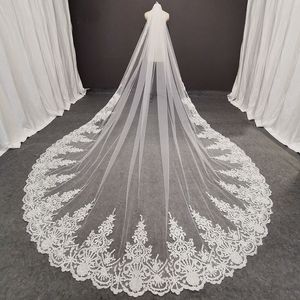 Real Photos Long Lace Bridal Veil with Comb 3.5 Meters 1 Layer Cathedral White Iovry Wedding Veil Wedding Accessories 2020 X0726