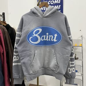 Fotos reales sudaderas con capucha estampadas Hip-hop Street moda suelta de gran tamaño gris hombres mujeres sudadera con capucha