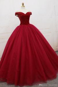 Image réelle robe rouge Quinceanera pas cher 2019 col en V perlé Corset doux 16 robes tenue de soirée robe De 15 Anos Pageant 3324