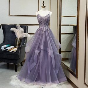 Real Pictures robe de bal violette or paillettes sangle appliques de dentelle perlée robes de bal 2023 longue robe de soirée dos nu sexy cristal éblouissant robes de soirée formelles