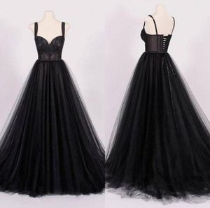Muestra real 2018 Vestidos de novia de tul negro vintage con apliques de encaje con correas de espagueti bocadas