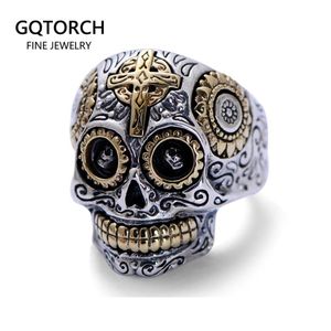 Real Solid 925 Sterling Silver Sugar Skull Rings For Men Mexican Rings Retro Gold Color Cross Sun Flower Engraved Punk Jewelry J013001