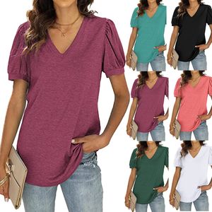 Realfine été T-Shirts 9026 col en V coton manches bouffantes chemises T-Shirts pour femmes taille S-XL